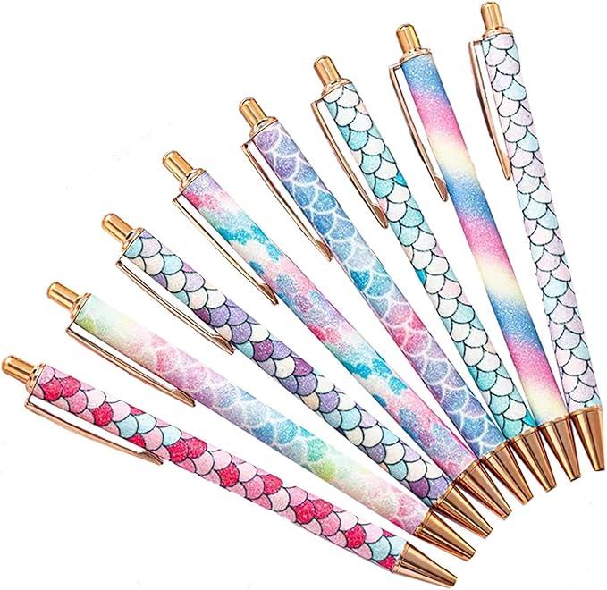 YOUMI 7/8 Pcs Retractable Ballpoint Pen，Pretty Bling Metal Writing Pens，Black Ink Medium Point 1.0 mm Gift Pens, Cute Journaling Pens Office Supplies for Women & Men (set 2)
