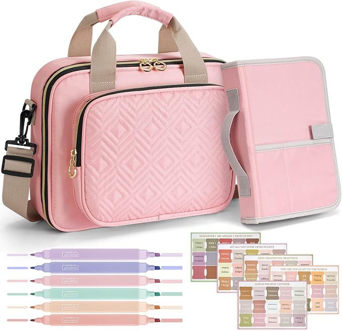 heouvo Bible Cover Case for Women with No Bleed Highlighters Pens and Bible Tabs, Large Bible Bag Case with Add-On Book Cover, Bible Study Supplies Bible Journaling Kit