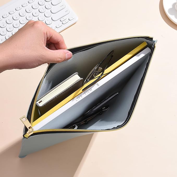 Enyuwlcm PU Leather A4 File Folder Zipper Document Holder Envelope Folder Case for Receipt Contract (1, Light Blue)