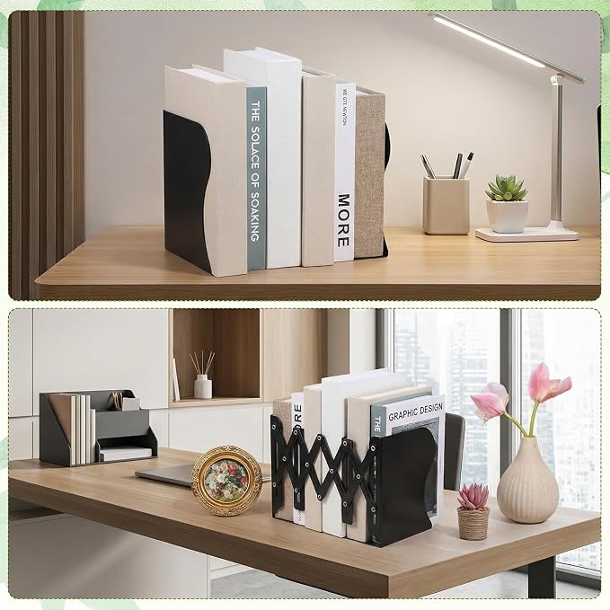 2 Pcs Adjustable Bookends, 2 Dividers, Metal Book Ends for Heavy Books Anti-Slip Book Organizer for Desk Shelves Office, Extends up to 19 inch (Black)