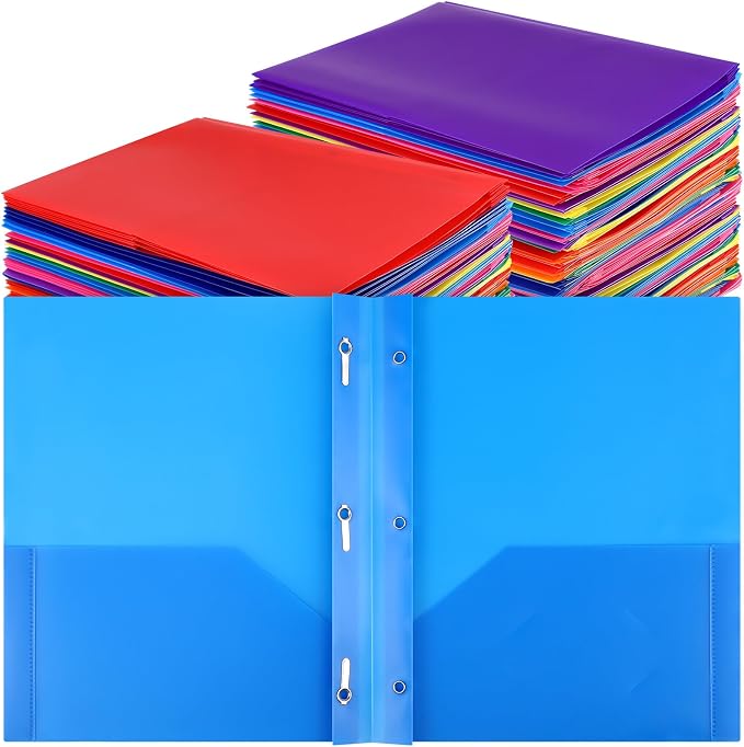 Cholemy 168 Packs Pocket Folders with Prongs Heavy Duty Plastic Folder with Business Card Slot 3 Prong Fasteners for School Office (Cute)