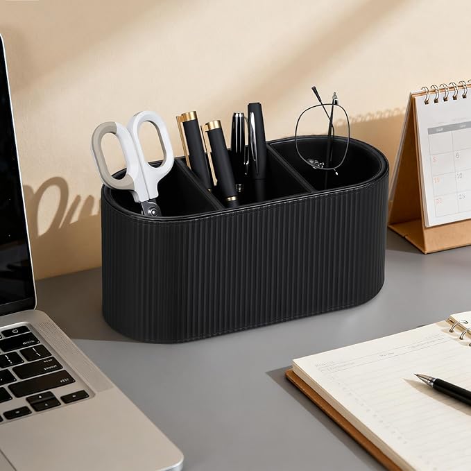 Aesthetic Remote Control Holder, PU Leather Pen Holder for Desk with 3 Compartments for Home Office Supplies and Accessories, Stylish Bedside Remote Holder Nightstand Desktop Organizer (Black)