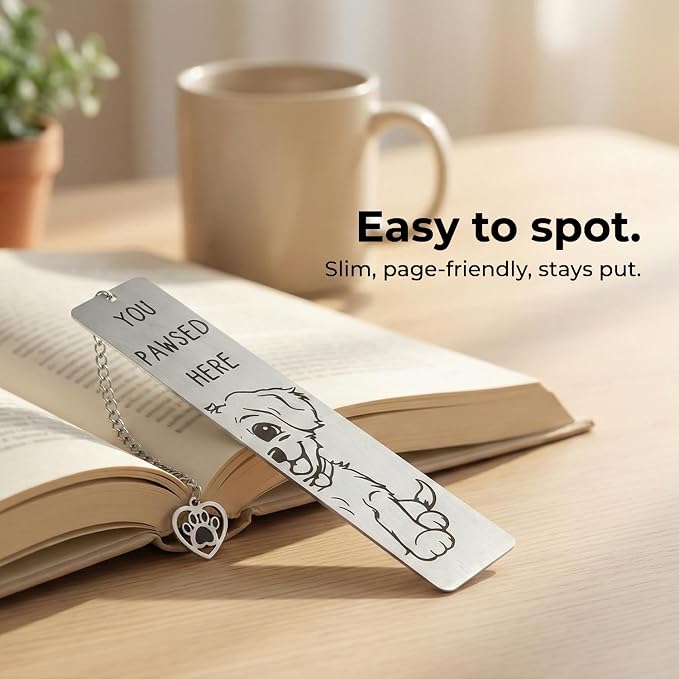 Dog Bookmark, Stainless Steel Metal Bookmark with Paw Charm, Engraved “You PAWSED HERE”, Cute Puppy Book Marker Gift for Dog Lovers & Dog Moms