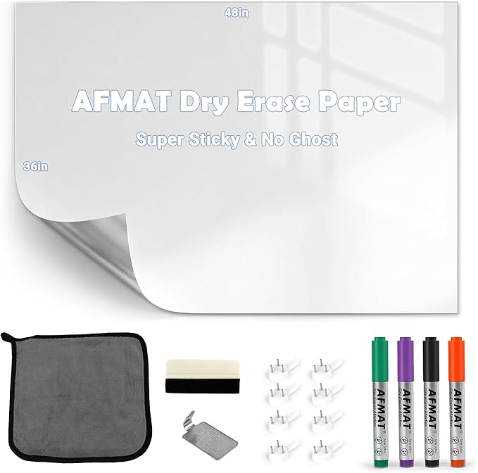 AFMAT White Board Dry Erase Paper, 48" x 36" Whiteboard Wallpaper, with 4 Markers, Stain-Proof & Super Sticky, No Ghost, 4' x 3' Peel and Stick Dry Erase Board Paper Roll for Wall/Home/Office