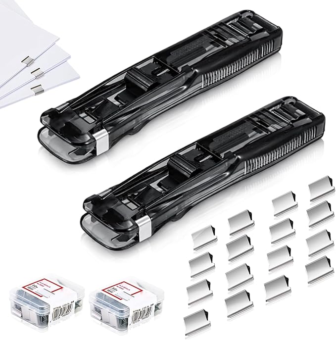 Portable Binder Clip Stapler with 100PCS Reusable Push Clips, Handheld Paper Clam Dispenser, Non-Destructive Desktop Stapler Alternative for Office School Home, Document Binding (Black-2pcs)