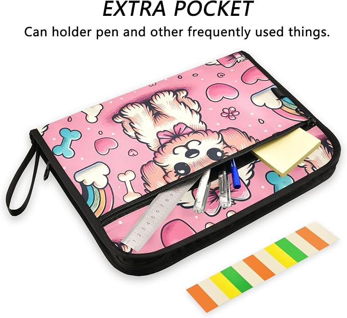 Expanding File Folder Pink Bow Dog Bone Rainbow Accordion File Organizer 13 Pockets Document Organizer with Zipper Labels A4 Letter Office Storage