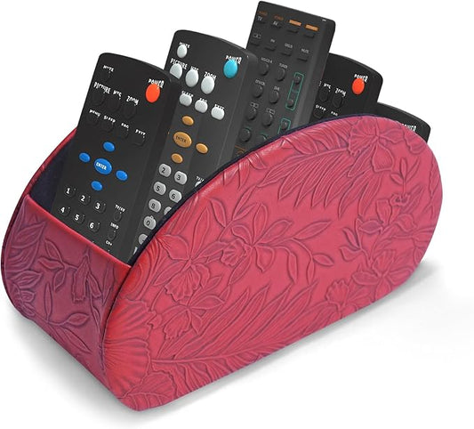 Remote Control Holder, PU Leather Remote Caddy Desktop Organizer with 5 Spacious Compartments for TV Remotes/Media Controllers/Office Supplies (1-Carved Red