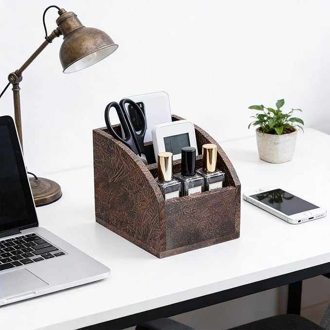 Rustic Vintage Wooden Desk Organizer Farmhouse Wood Remote Control Caddy 3 Slot Tabletop Desktop Office Supply Storage Rack Desktop TV Remote Control Holder Home Decor Office Supplies (Metallic color)