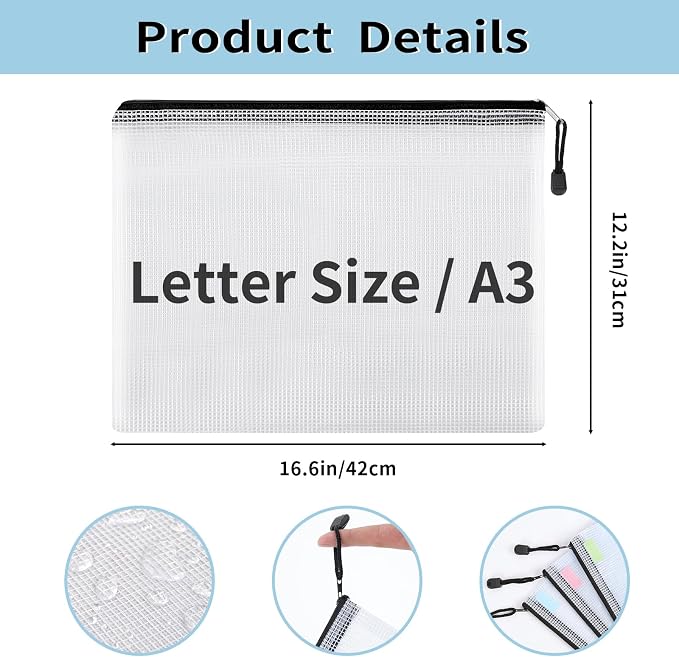 EOOUT 12pcs A3 Mesh Zipper Pouch Bags, Black Reusable Zipper Bags for Organizing Storage, Waterproof Puzzle Bag, Zipper Bags for Board Game Storage and School Office Supplies