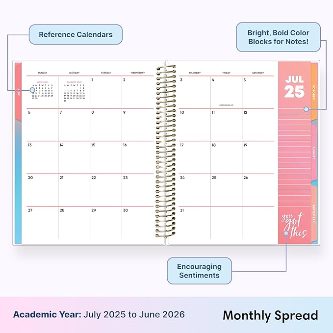 Blue Sky Livewell Weekly and Monthly Academic Year Planner Calendar, July - June, Flexible Cover, Wirebound, Colorful Interior, Laminated Tabs, Storage Pocket, Includes Stickers, Rainbow (Rainbow- 2025/2026, 7" x 9")