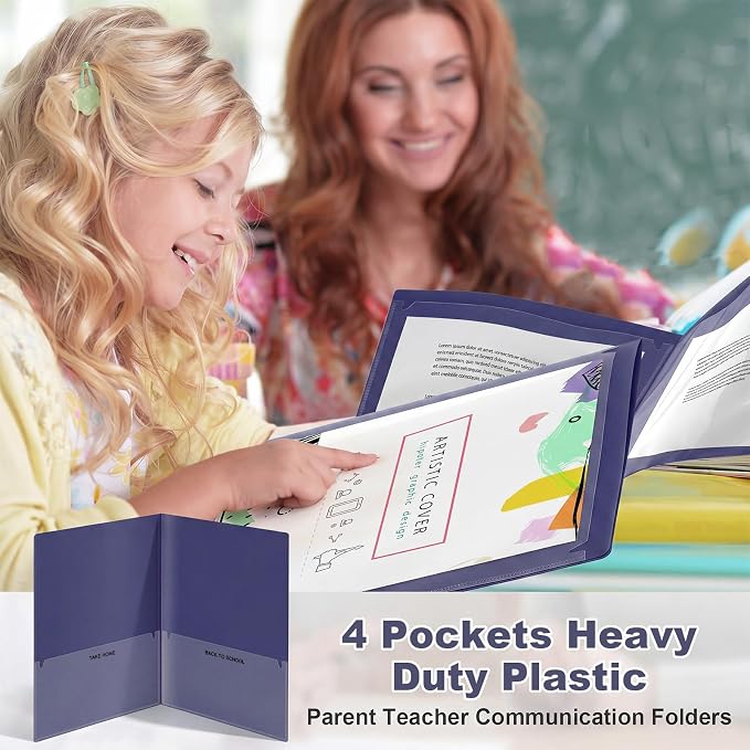 Henoyso 24 Pcs Take Home Folder Heavy Duty 2 Clear Front Pockets and 2 Inside Pockets Homework Folders for School Students Parent Teacher Classroom Communication (Dark Blue)