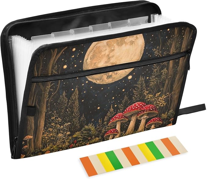 ALAZA Mushroom Forest Moon Expanding Filing Folder, 13 Pockets Expandable Document Organizer Folder with Zipper Closure for Home Office A4 Letter Size Paper Document