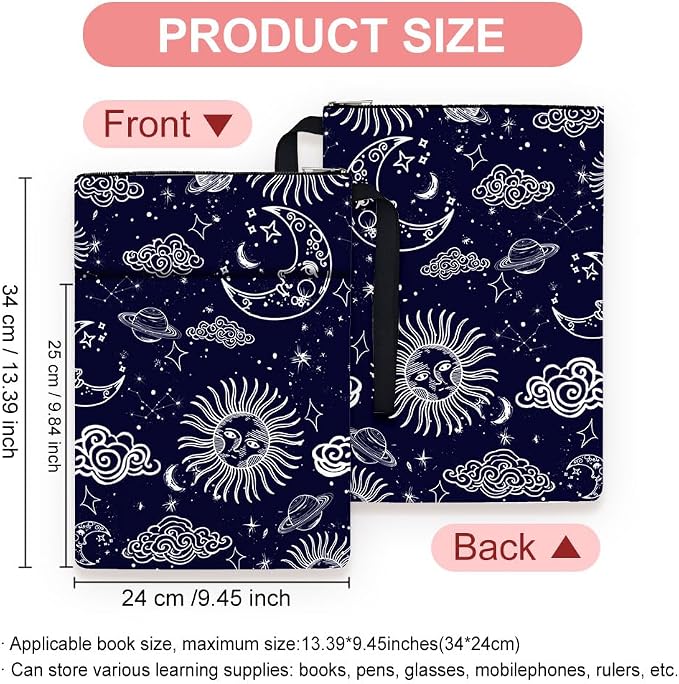 Polyester Book Sleeve Sun Moon Book Cover with Zipper and Front Pocket Birthday Gift for Students Teachers and Books Lovers 13.4inch x 9.45inch 1pc