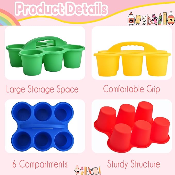 4 Pack Classroom Caddy Organizer with Handle, Plastic Drink Cup Caddy Holder, 6 Compartments for Kids, Table, Office, Arts, Crafts, Crayon, Marker, Pencil, School Supplies - 4 Colors