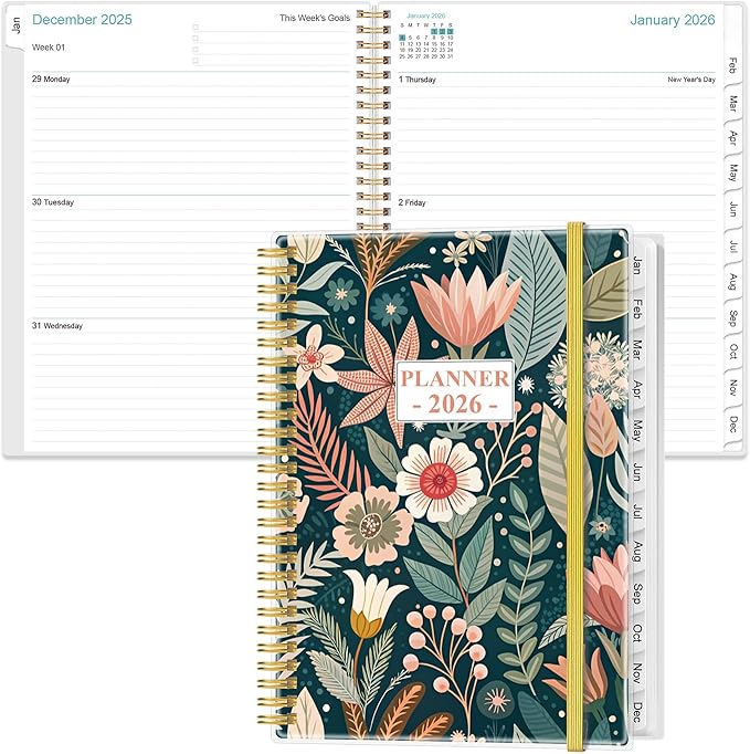 2026 Planner - Weekly Monthly Planner 2026 from January 2026 to December 2026 with 12 Monthly Tabs, Flexible Cover, Inner Pocket, 8.5" x 11", Flower-C