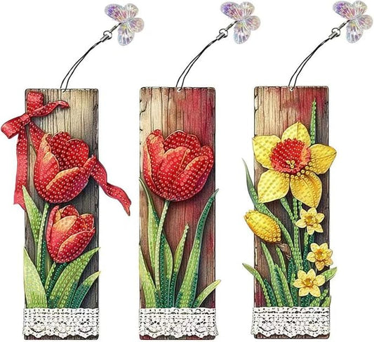 ARTopet 3Pcs DIY Diamond Art Painting Bookmarks with Colorful Butterfly Pendant PET Bookmark Ornament Double Sided Pattern Single Sided Diamond Book Marker Clip Gifts Tags-Flowers5