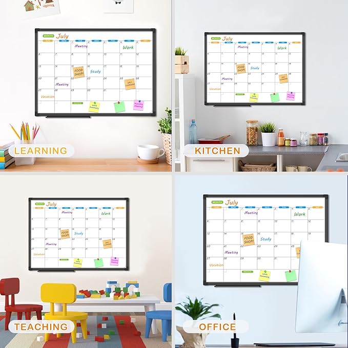 JILoffice Magnetic Dry Erase Calendar Whiteboard, 1 Month White Board Calendar Planner 24 X 18 Inch, Black Aluminum Frame Wall Mounted Board for Office Home and School
