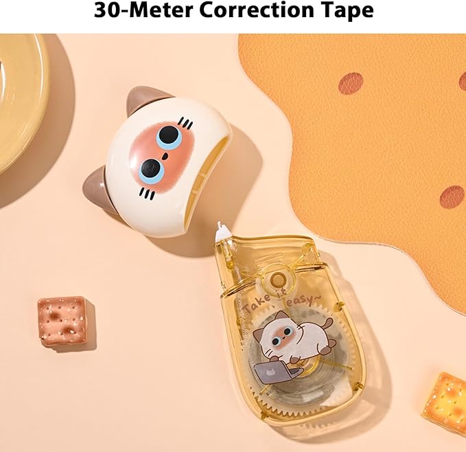 Cute Cat White Correction Tape Kawaii Extra-Long Correction Tape – 98ft (30m) Each with Aesthetic Cute Cartoon Cat Applicator for Back To School Office Supplies