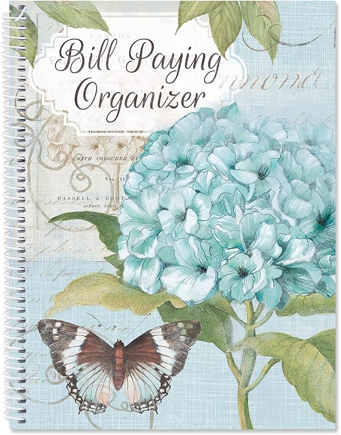 Current Hydrangea Bill Paying Organizer Book - 9" x 12” Personal Account Book, Spiral Bound, 14 Storage Pockets, 32 Label Stickers, Monthly Finance & Payment Management Tracker for Home & Office