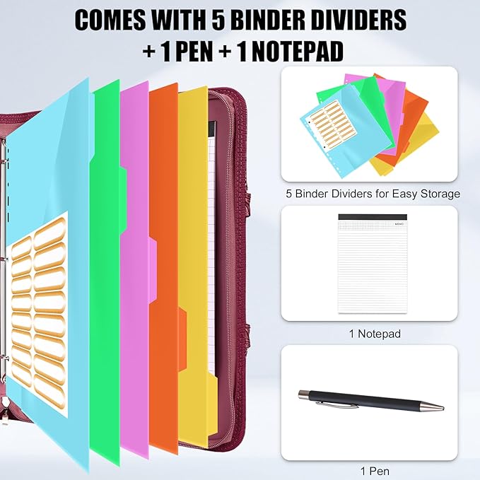 Portfolio Binder 3 Ring Includes Pen and 5 Dividers with 10 Pockets, Padfolio Organizer with Zipper for Men and Women, Includes A4 Notepad for Business, School, Work