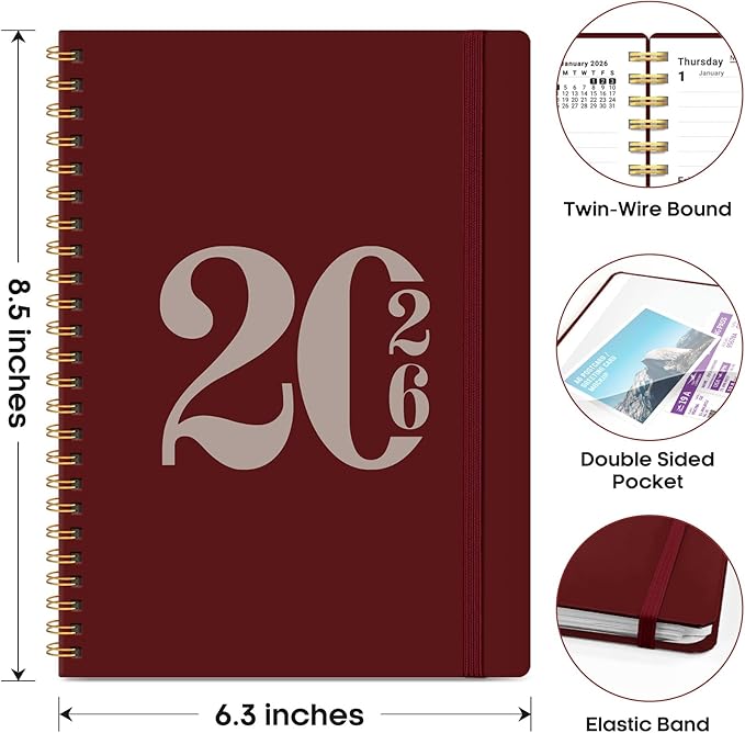 2026 Planner, Weekly and Monthly Calender Planner, Jan 2026 to Dec 2026, Hardcover 2026 Calendar Book with Tabs & Inner Pocket, Office Home School Supplies for Women & Men - A5 (6.3" x 8.5"), Burgundy