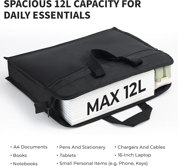 M&G 12x15 in Large Zipper Pouch with Handle, A4 Foldable Heavy-Duty Waterproof Oxford Zipper Document Bag, File Organizer for Office Travel Books Papers Filing Folder, Double Layer 1 Pack (Black)