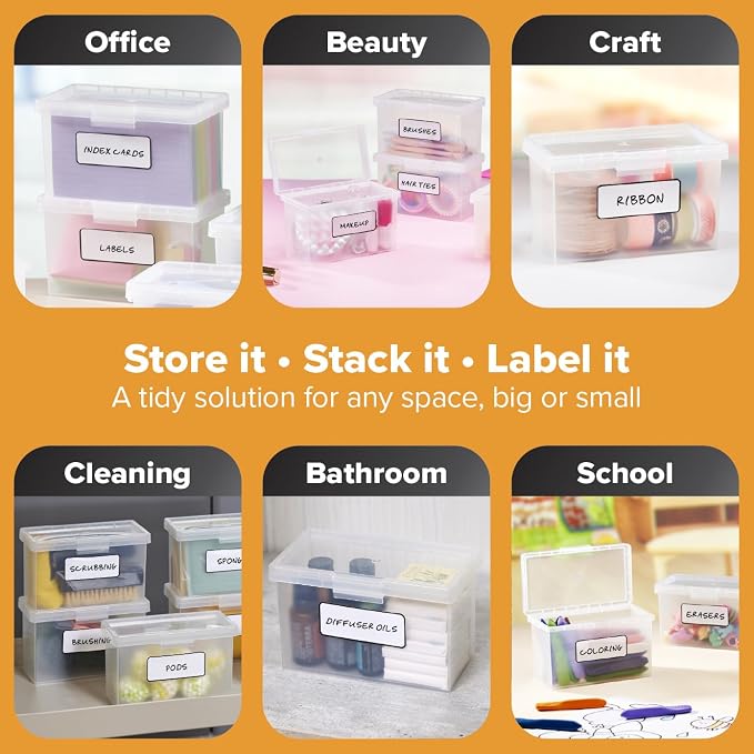 Bostitch Konnect Storage Containers with Lids, Office Organizer, Clear Plastic Box, Stackable for Index Cards, Labels, 1 Qt, 6 Pack