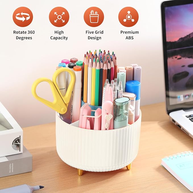 Desk Pencil Pen Holder, 5 Slots 360°Degree Rotating Pen Organizers for Desk, Desktop Storage Stationery Supplies Organizer, Cute Pencil Cup Pot for Office, School, Home, Art Supply, Beige