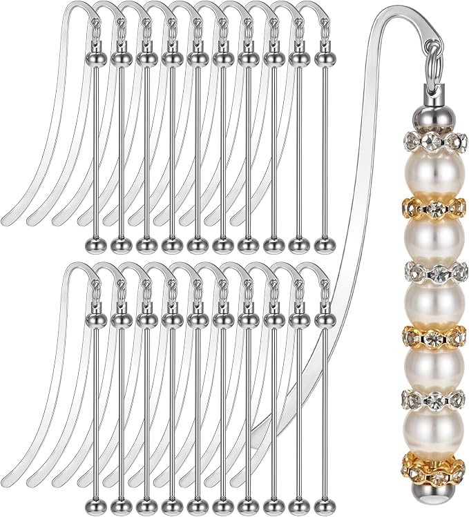 20Pcs Beadable Bookmarks, Beadable Metal Bookmark DIY Blank Bookmark Bar for Craft Jewelry Pendant Charm Gift Book Lovers Student Teacher Office Supplies(Silver)