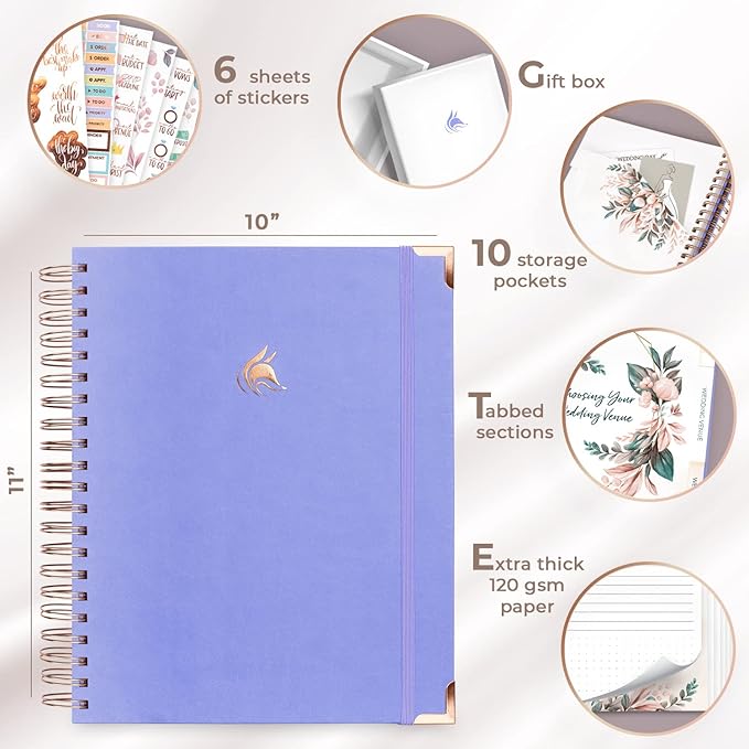 Clever Fox Wedding Planner – Notebook Organizer for Bride – Wedding Planning Binder Book with Pockets – Engagements Gift, 10x11″ (Lavender)