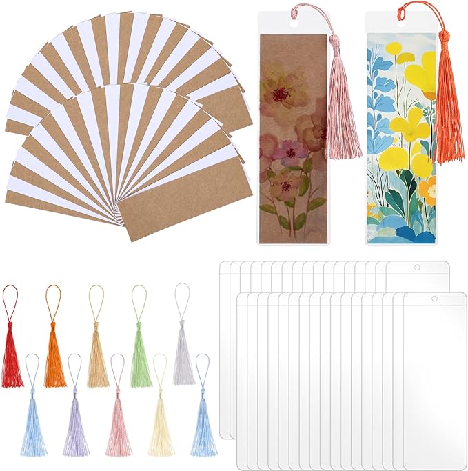 60 Sets Kraft Paper Blank Bookmarks with Tassels, Cardstock DIY Bookmark Making Kit, DIY Projects Party Favor Gift Tag Bulk PVC Tags, 60 Bookmarks 60 Clear Bookmark Sleeves 60 Tassels