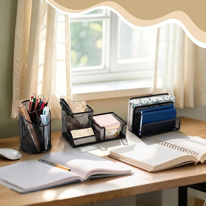3PCS Metal Office Supply Desk Organizer Mesh Pen Holder with 3 Compartments Round Black Pencil Holder Mesh Mail Organizer Bill/Letter Organizer Desk Organizers for Office Home School