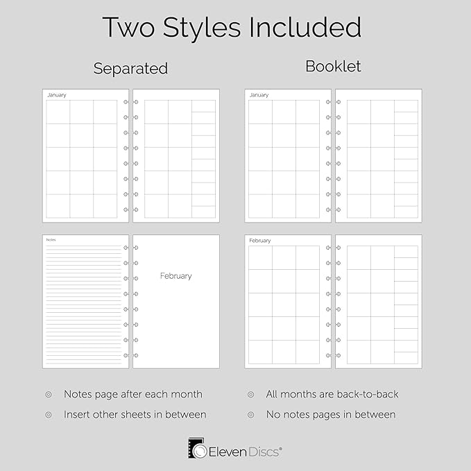 2026 Monthly Planner, Monday Start, Letter Size, 2 Styles (Separated, Booklet), Premium Discbound Notebook Paper for Circa, Arc, TUL (38 Sheets)
