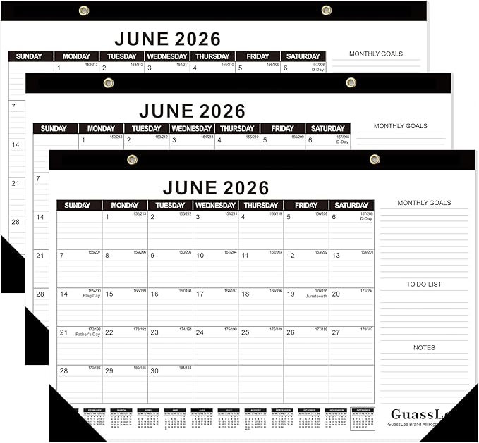 GuassLee Desk Calendar 2026, 3 Packs, 19 Months Calendar 17" × 11.5" Desk Calendar from Jun. 2026 to Dec. 2027 with Julian Date, To-do List, Notes, Monthly Goals, for Home School Office
