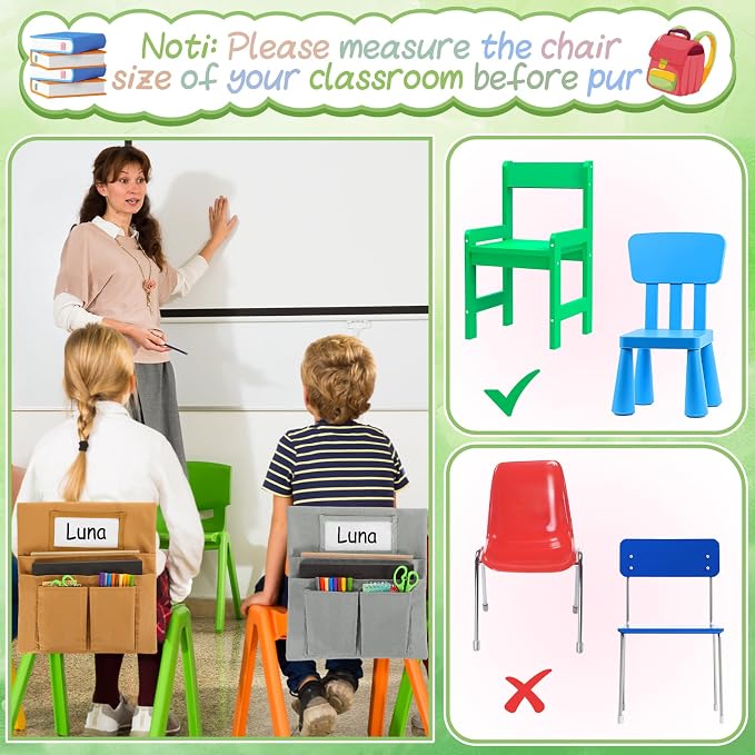 gisgfim 24 Pcs Small Chair Pockets for Classroom 13 x 14 Inch Bag with Name Tag Multi Pockets Chairsback Pouch Organizer for Student Kindergarten Elementary Daycare (Greenery)