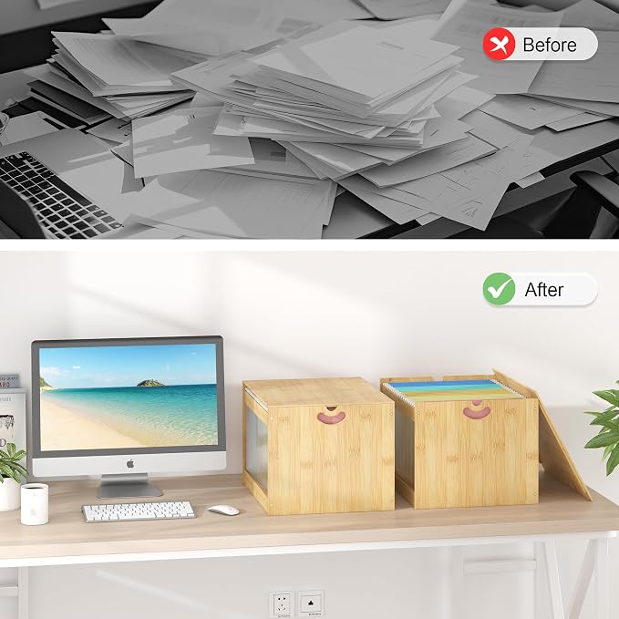 Hanging File Box Organizer for Letter Size 2 Pack, Bamboo Acrylic File Folder Storage with Lid Clear Wooden Moving Boxes Wood with Handle Desktop Filing Holder for Office Banker Document Nature