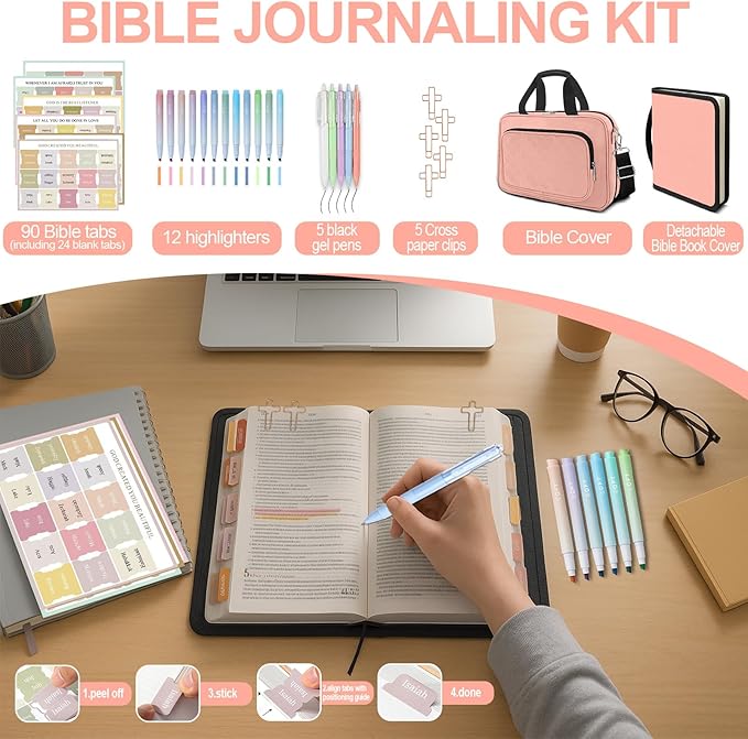 Pink Large Bible Cover Case for Women, Bible Study Supplies Bible Journaling Kit Book Carrying Case Church Bag with Shoulder Strap Handle Zipper Pocket, Christian Gifts