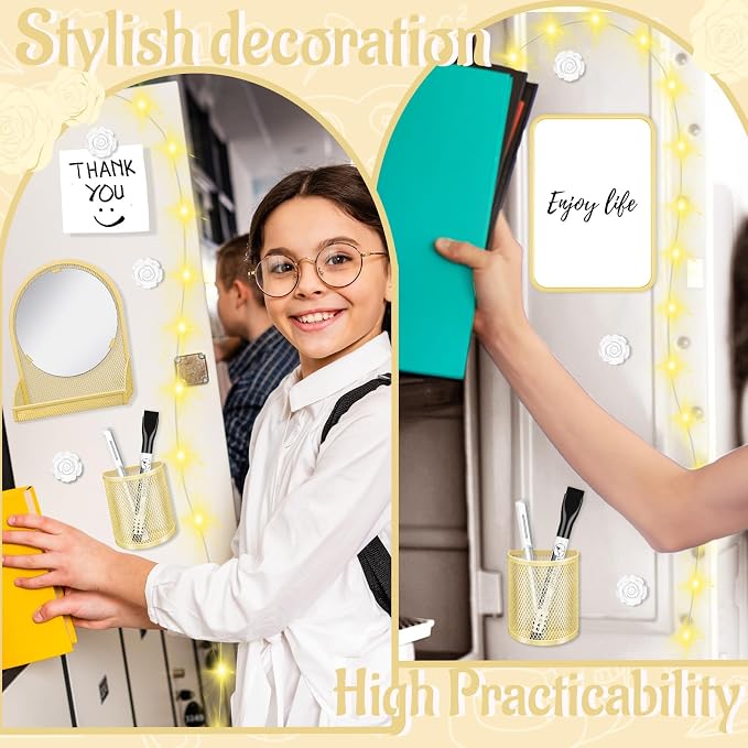 8 Pcs Locker Accessories for Girls Gold Magnetic Mirror, Magnetic Pen Holders, Cute Flower Magnets,Gold Locker Decoration for School Locker, Back to School Essentials