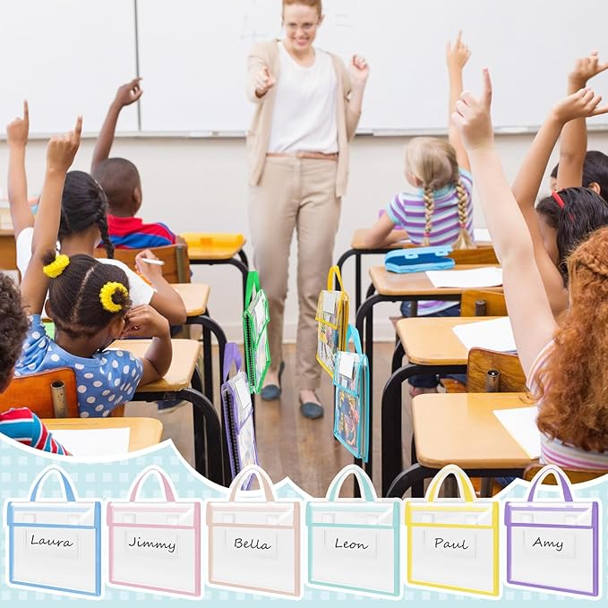 Teling 6 Pack Thick Clear Book Pouches with Blank Name Tags and Handles Book Baggies Bags Bins Organizer for School Classroom Library Pockets Students (14 x 11 Inch,Pastel Color)