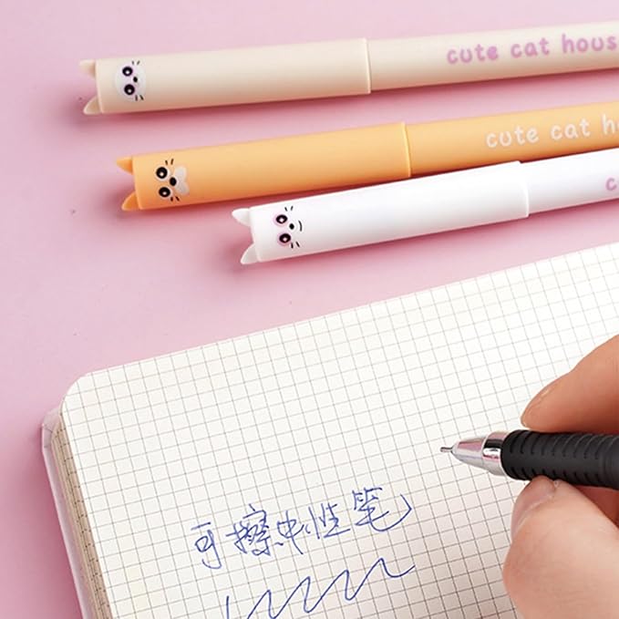 MOZXIRZ 4 Pcs Cute Erasable Pens Cartoon Cat Gel Pen 0.5mm Black Ink Smooth Writing Pen Kawaii Kitty Erasable Pens for Women School Supplies Office Supplies (Cat-Black Ink)