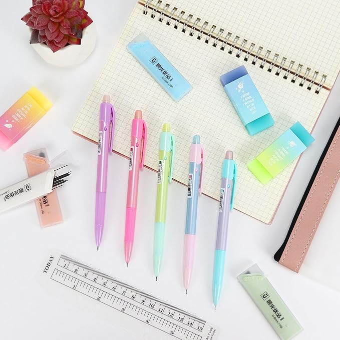 Buqoo Mechanical Pencil Set, 5PCS 0.5mm Cute Pastel Mechanical Pencils, 3 Candy Jelly Gradient Eraser with 80PCS HB 0.5 Lead Refill and Zipper Bag Pencil Kit for Art, Drawing Pencils for Sketching