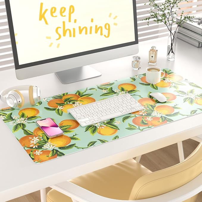 Colorful Star Large Mouse Pad, Watercolor Orange Desk Mat Office Supplies, Waterproof Faux Leather Big Gaming Mousepad, Fruits Flowers Desk Pad Home Office Décor Accessories 31.5" x 15.7"