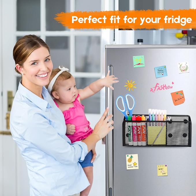 Ameceres Magnetic Pencil Holder - Extra Strong Magnets Mesh Marker Holder Perfect for Whiteboard, Refrigerator and Locker Accessories (3-Compartment (1 Pack))