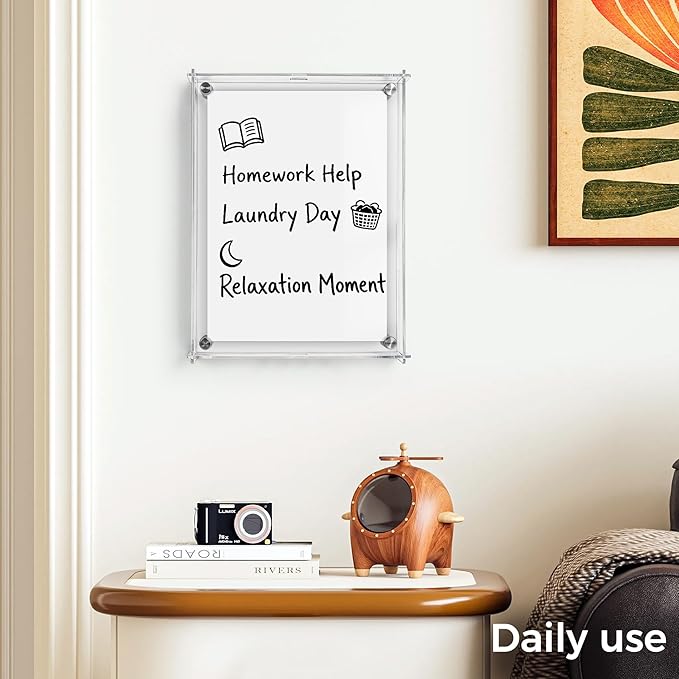 TOWON Acrylic Wall Whiteboard 9x12 Inch, White Dry Erase Writing Surface with Slide-Lock Interlocking Frame, Modern Memo Display for Postcards, Photos & to-Do Lists with 4 Dual Tip Markers & Eraser