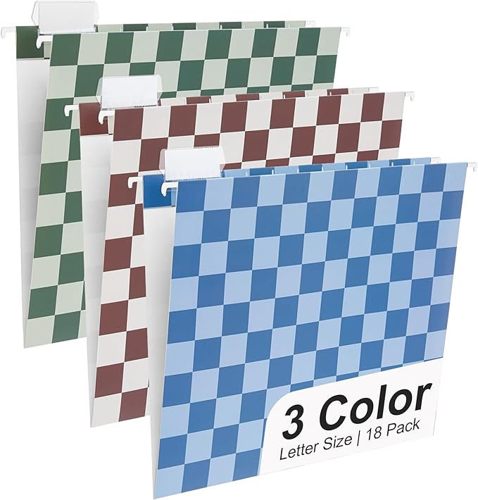 Y YOMA 18 Pack Decorative Hanging File Folders Letter Size Checkerboard Hanging Folder Pretty File Folder Organizer for Filing Cabinet Office Home with 1/5-Cut Adjustable Tabs, Classic Color
