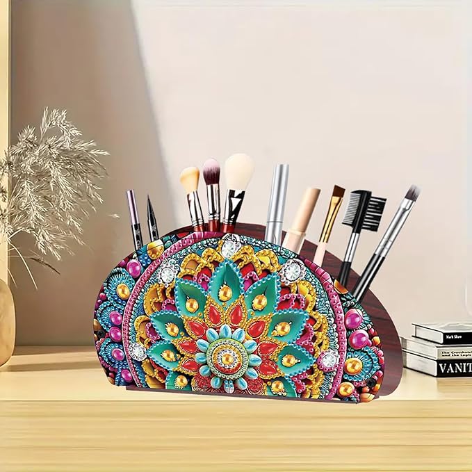 Remote Control Holder with 4 Compartments, DIY Diamond Art Painting Wooden Half Moon TV Control Holder for Remote Controllers, Office Supplies, Makeup Brush, Media Accessories-Mandala-5