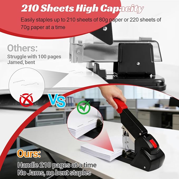 AFMAT Heavy Duty Stapler, 210 Sheet Staplers for Desk with 7000 Staples, Jam-Free, 50000+ Uses, 60% Reduced Effort, Easy Reload, Adjustable Paper Guide, Large Metal Manual Office Staplers, ES15