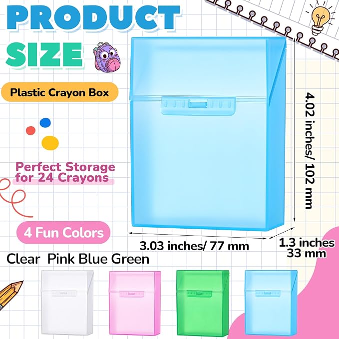Clabby 12 Pcs Plastic Crayon Organizer Case for 24 Count Crayons Kids Art Supply Storage Box with Lid, Portable Holder for Classroom Home Travel, Fits Standard 24-Pack Crayon (Pink,Blue,Green,Clear)