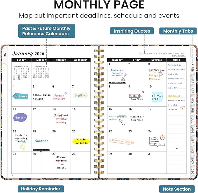 2026 Planner, Weekly and Monthly Calendar Planner for Women, Jan 2026 - Dec 2026, Hardcover Planning Agenda book with Tabs, Spiral Bound, Inner Pocket, Perfect for School Office Supplies, 6.3" x 8.5" - Regal Petals