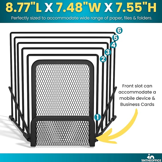 1InTheOffice Metal Incline Desktop File Sorter, Wire File Organizer, Multi Step File Organizer, Black Wire Mesh Step Sorter, Wire File Rack